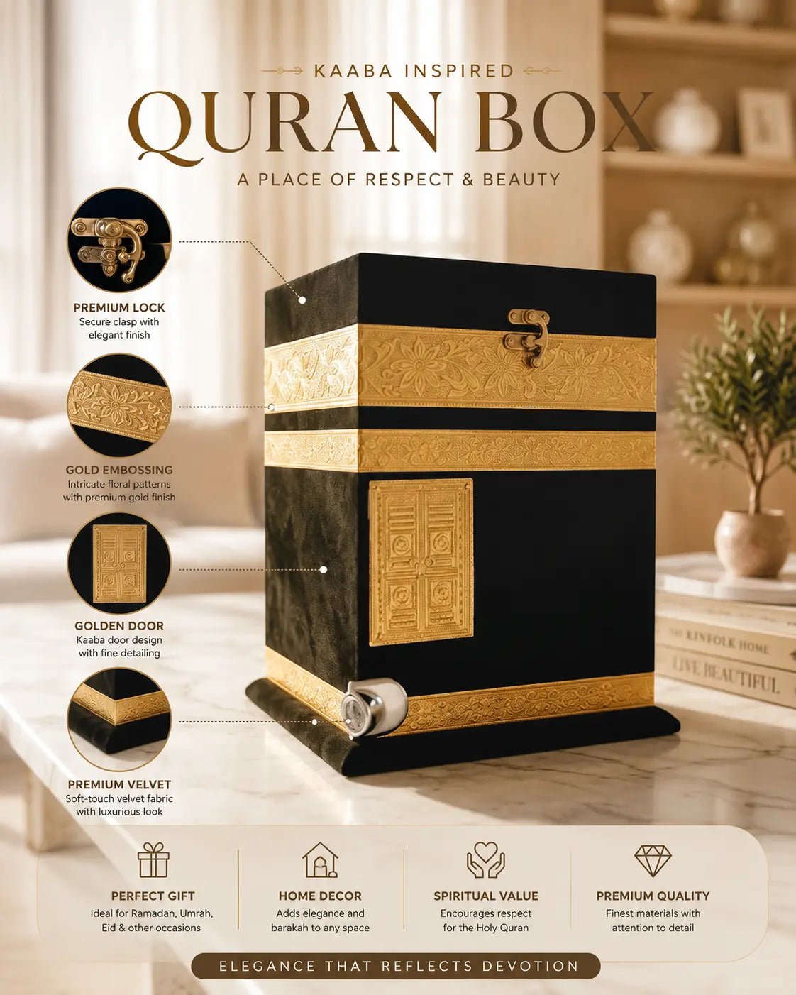 Luxury Kaaba Quran Storage Box with Velvet Finish