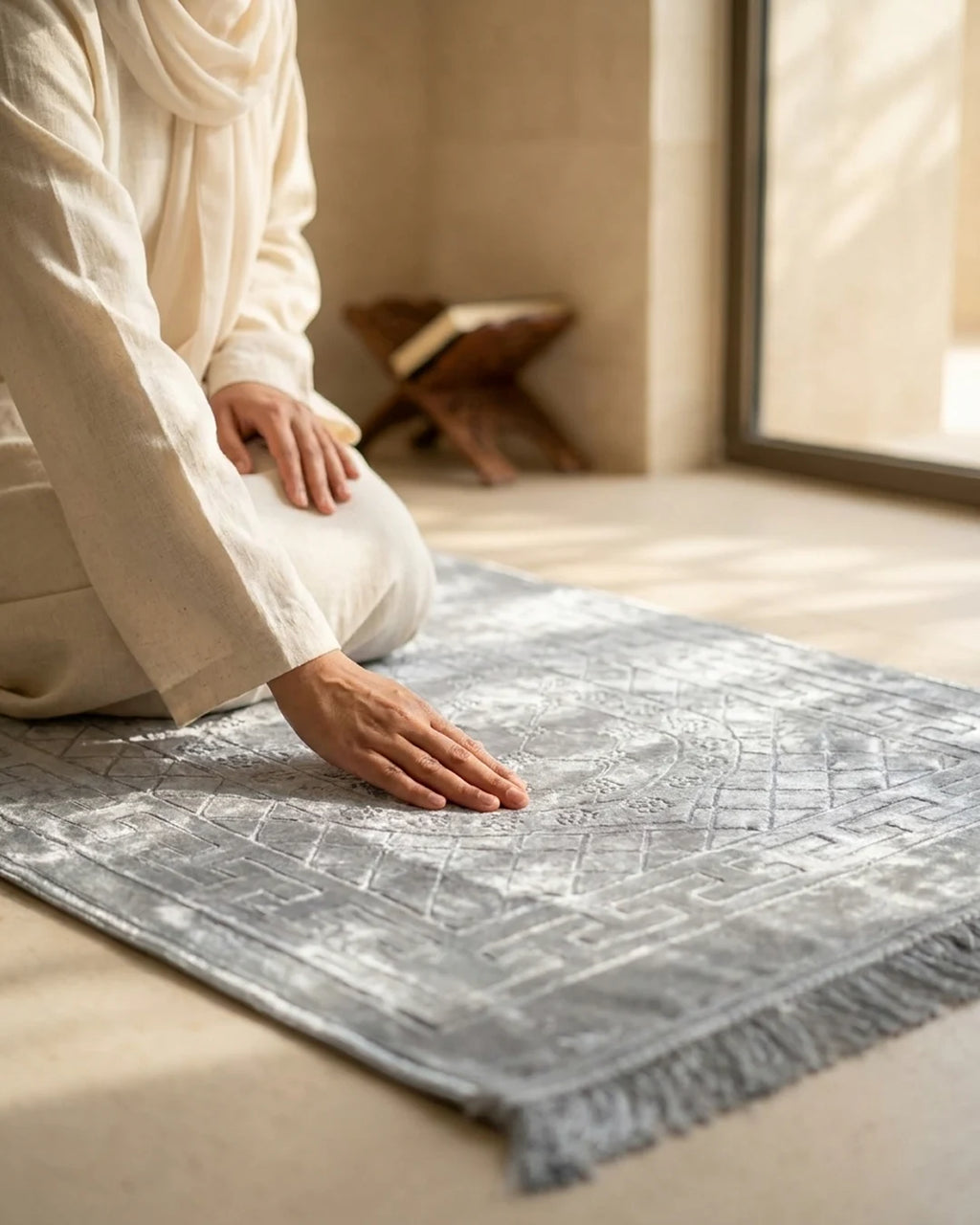 Silver Grey Embossed Prayer Mat (Janamaz) – 116 cm