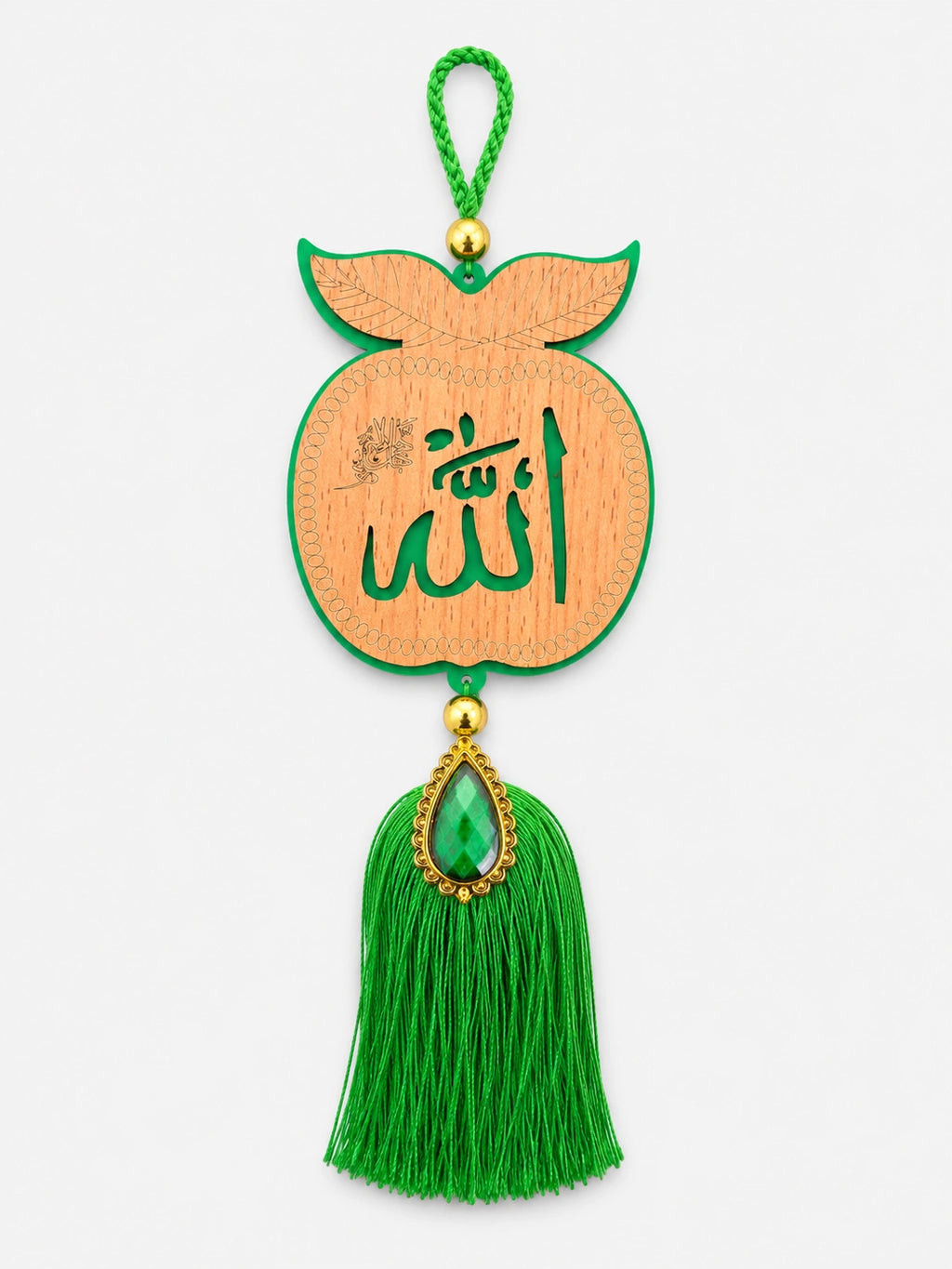 Allah Wooden Apple Car Hanging with Green Tassel | Islamic Rear View Mirror Hanging Decor