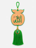 Allah Wooden Apple Car Hanging with Green Tassel | Islamic Rear View Mirror Hanging Decor