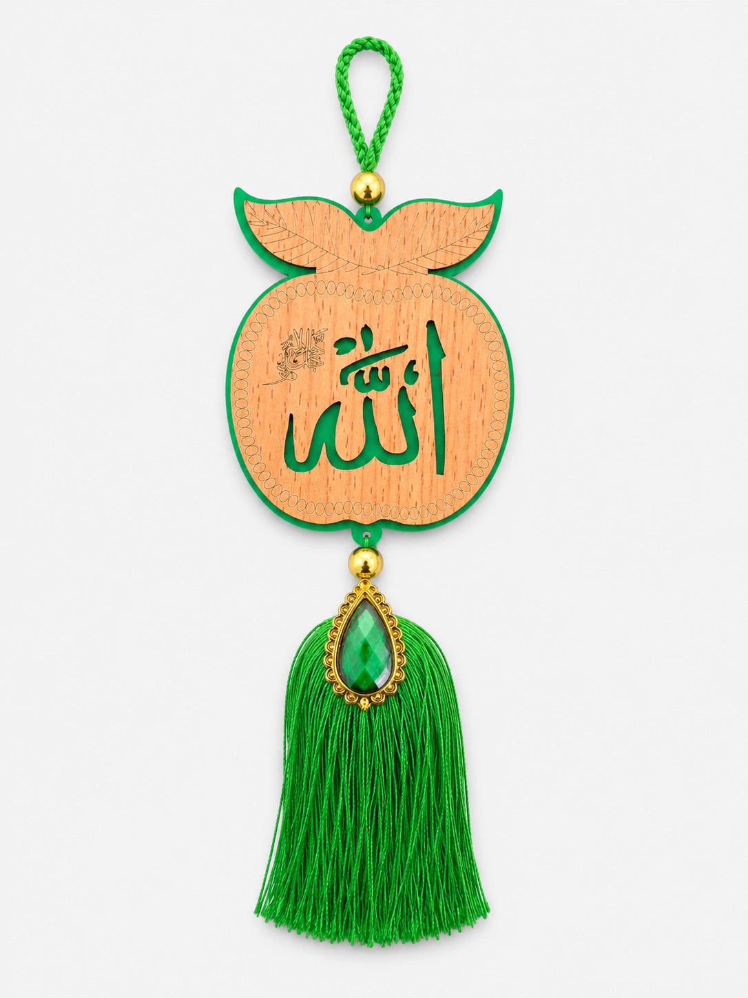 Allah Wooden Apple Car Hanging with Green Tassel | Islamic Rear View Mirror Hanging Decor