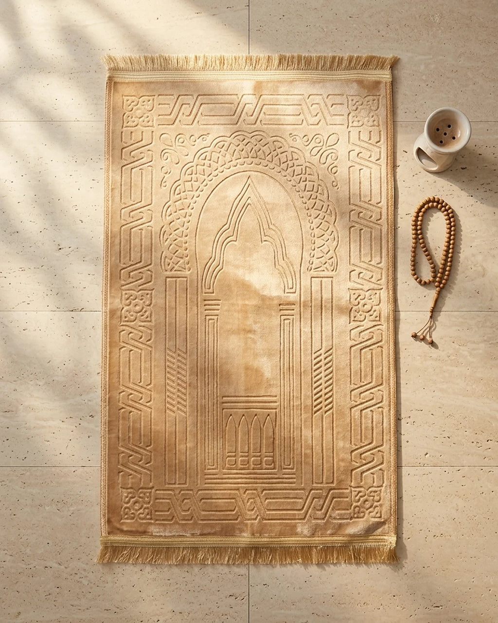 Beige Embossed Prayer Mat (Janamaz) – 116 cm