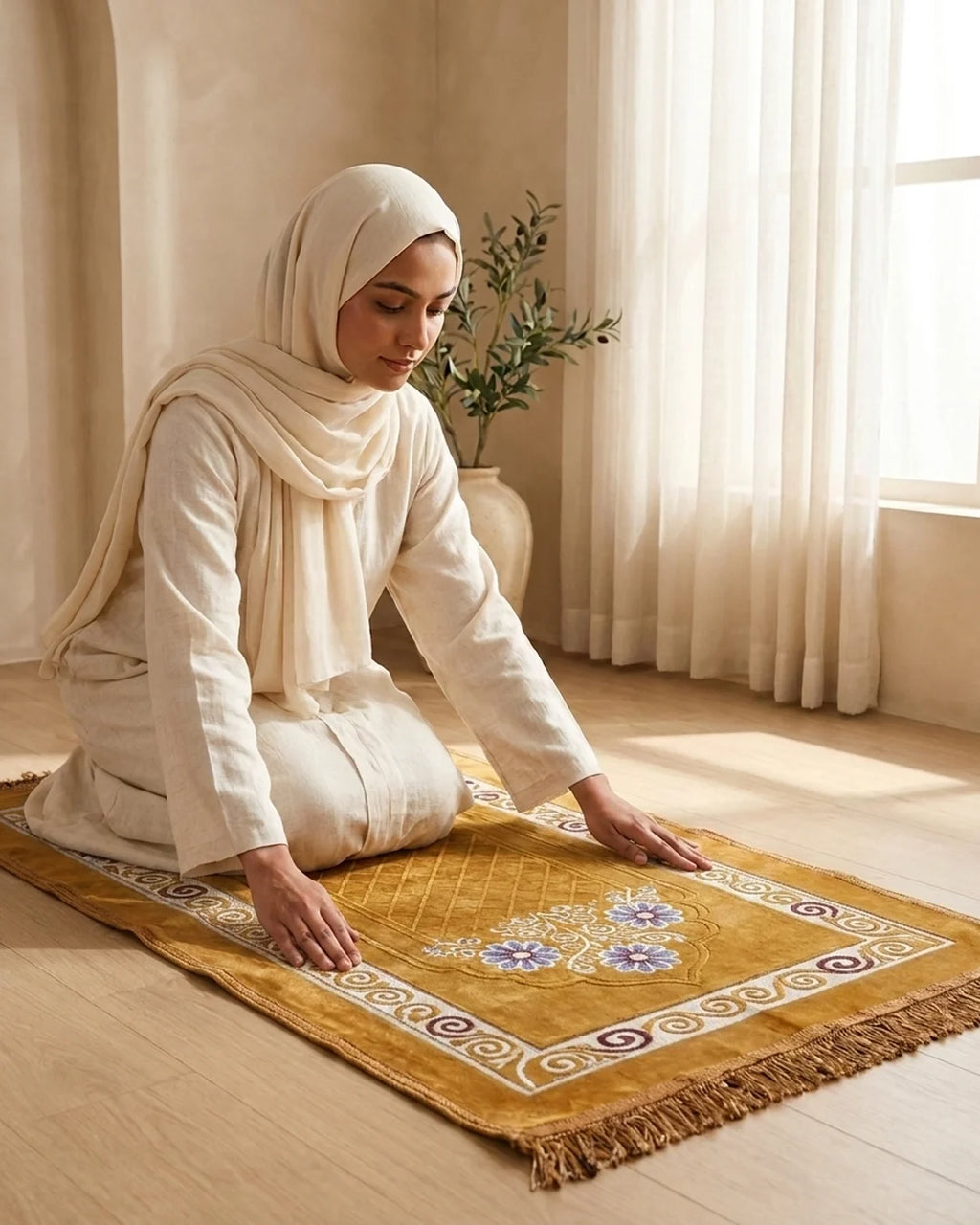 Golden Ochre Floral Prayer Mat (Janamaz) – 116 cm