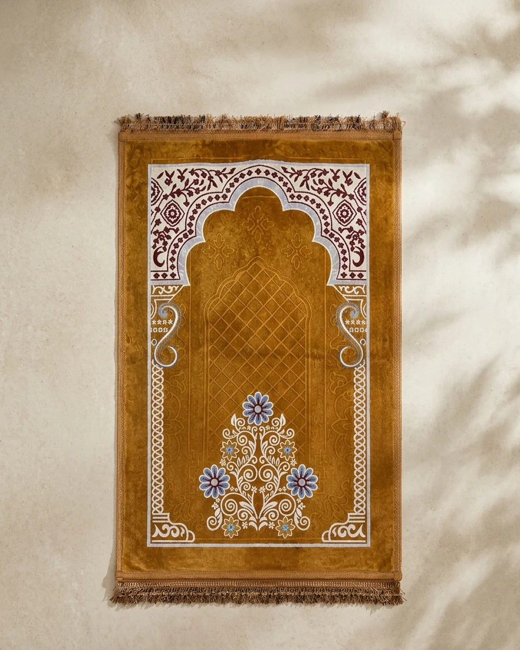 Golden Ochre Floral Prayer Mat (Janamaz) – 116 cm