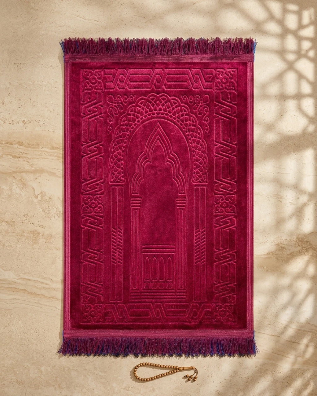 Ruby Red Embossed Prayer Mat (Janamaz) – 116 cm