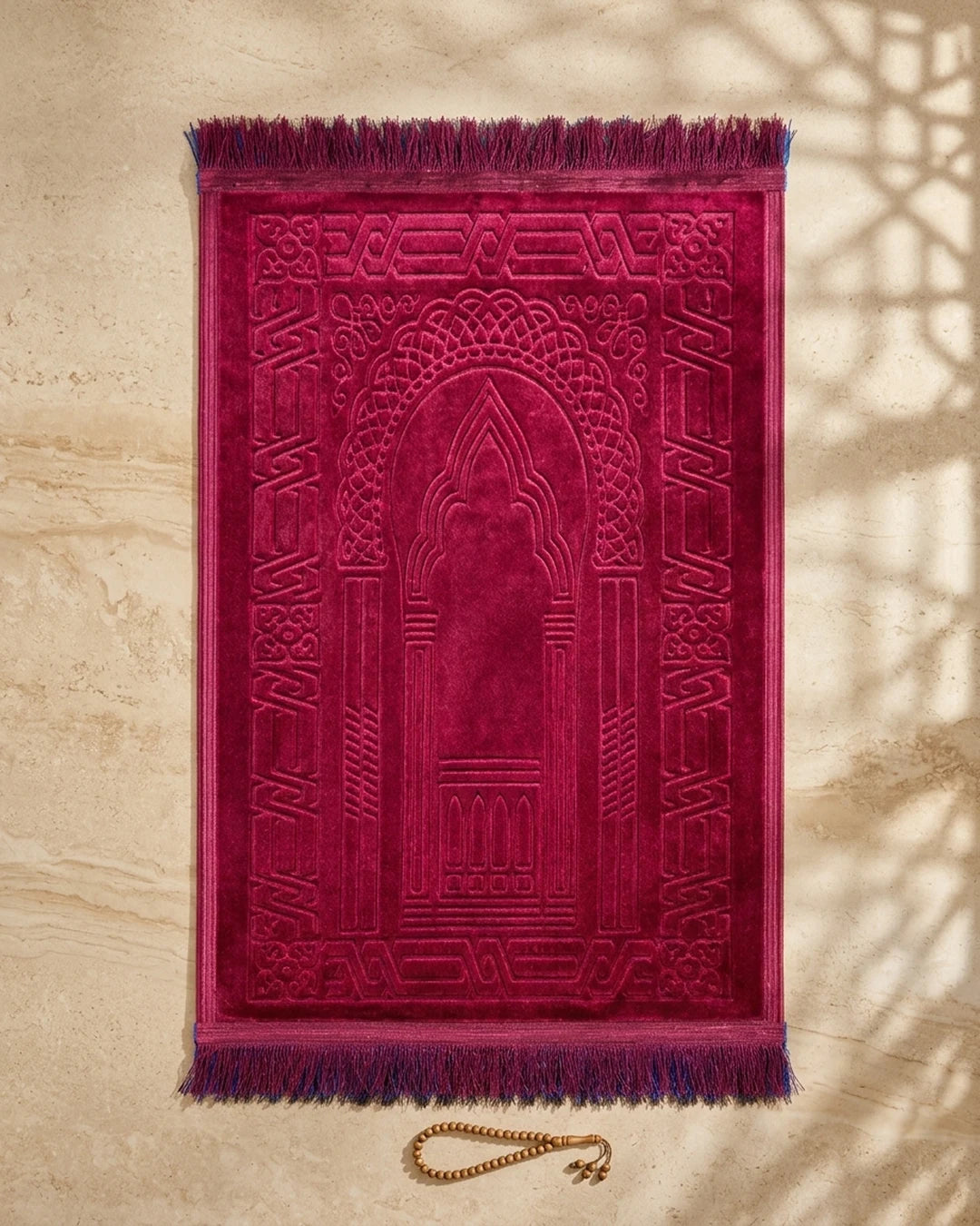 Ruby Red Embossed Prayer Mat (Janamaz) – 116 cm