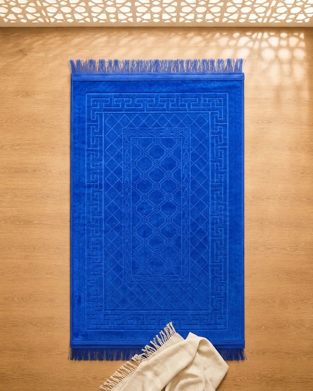 Royal Blue Embossed Prayer Mat (Janamaz) – 116 cm