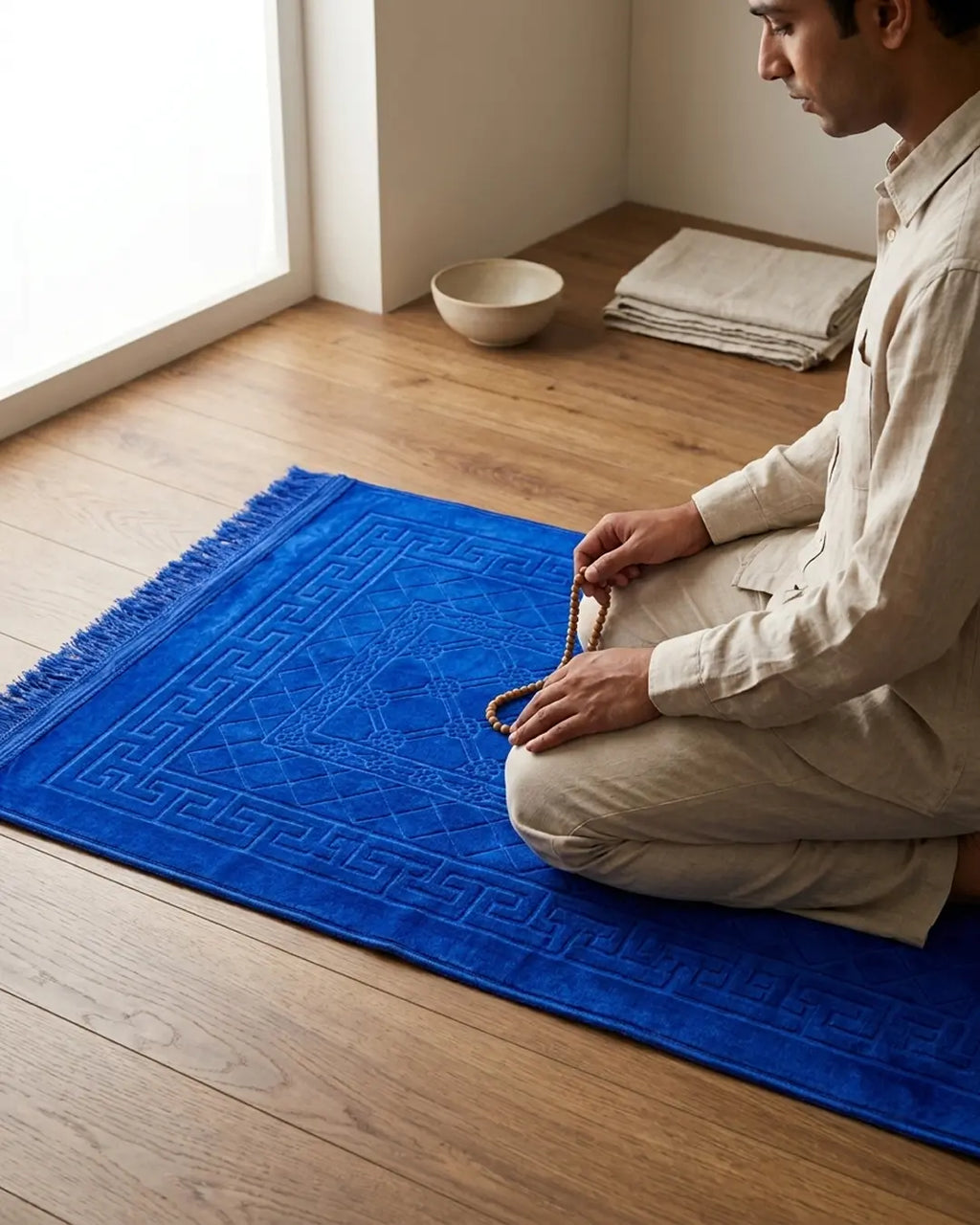 Royal Blue Embossed Prayer Mat (Janamaz) – 116 cm
