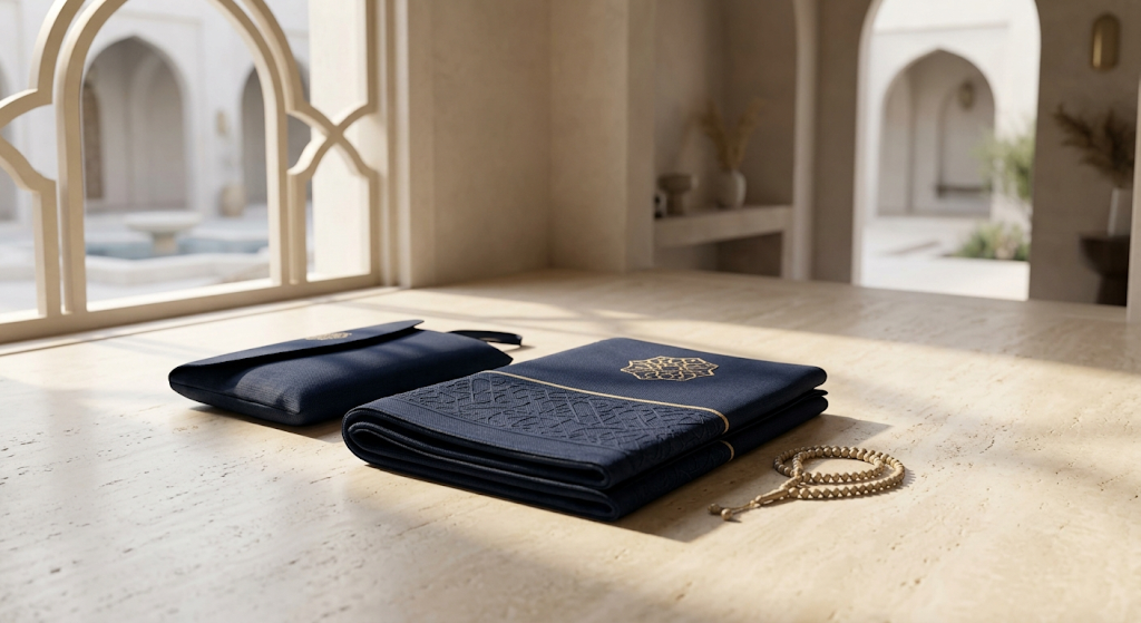 Premium Woven Travel Prayer Mat & Pouch Set – Navy Blue