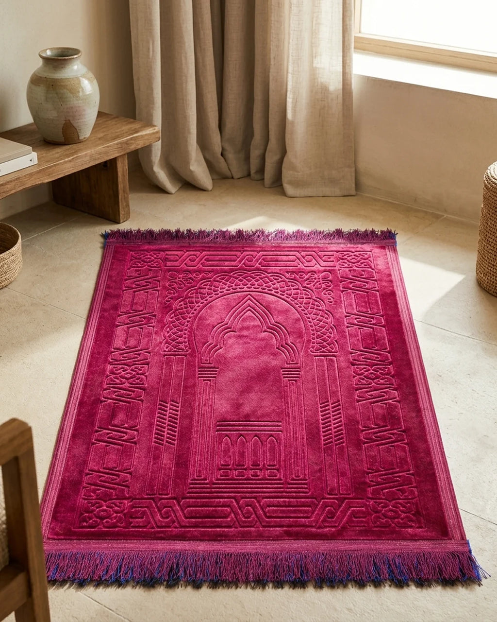 Ruby Red Embossed Prayer Mat (Janamaz) – 116 cm