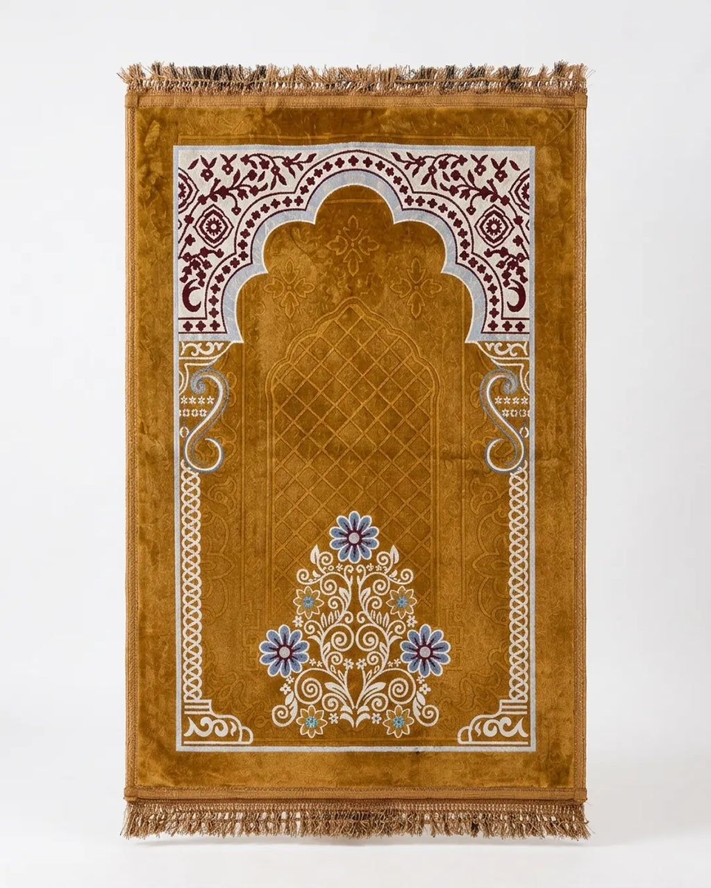 Golden Ochre Floral Prayer Mat (Janamaz) – 116 cm