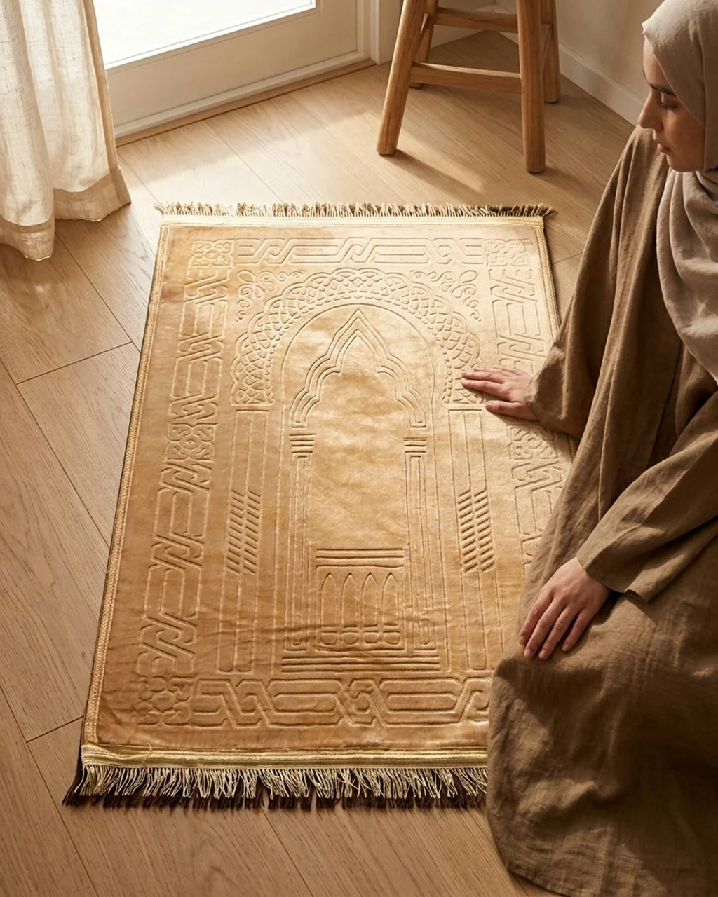 Beige Embossed Prayer Mat (Janamaz) – 116 cm
