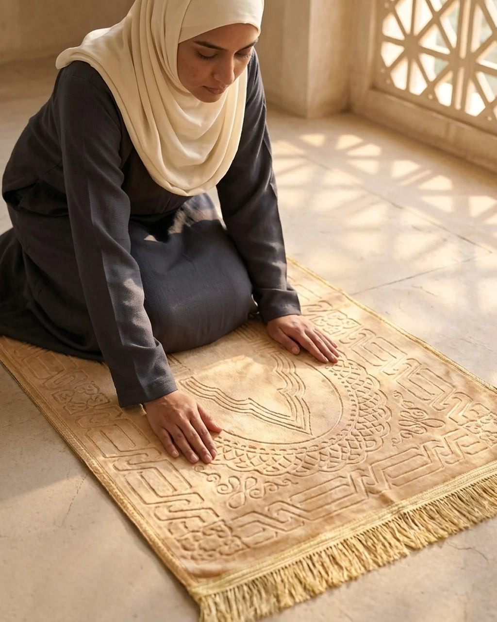 Beige Embossed Prayer Mat (Janamaz) – 116 cm